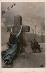 Woman clings to a stone cross; lion is in the background Postcard