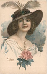 Woman in fancy hat with rose Postcard