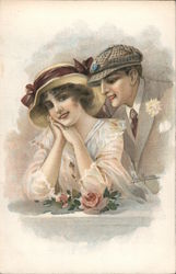 Young couple, both wearing hats, with a rose Postcard