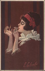 Fade-Away: Woman dressed in red, lighting a cigarette. Artist Signed E. Colombo Postcard Postcard Postcard