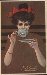 Fade-Away: Woman Drinking Coffee Artist Signed E. Colombo Postcard Postcard Postcard