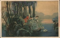 Man and lady feed swans in a lake Artist Signed Ezio Anichini Postcard Postcard Postcard