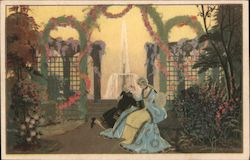 Woman in blue dress, seated, with man in black coat kneeling Postcard