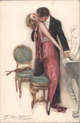 A man and woman kiss, near a piano and a violin Postcard