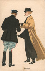 Art Deco: Two men wearing hats and coats, handing something to each other Postcard