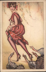 Woman in red dress, running from turkeys under a tree Postcard