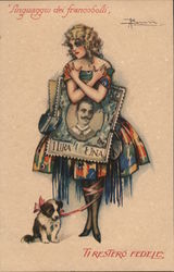 Woman embraces large postage stamp with padlock Artist Signed Adolfo Busi Postcard Postcard Postcard