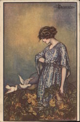 Lady in blue, with a waterpot among flowers, watching two white doves Postcard