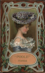 "Poole" Pianos - A lady with a floral hat and a blue dress; holly leaves and berries in the border Advertising Postcard Postcard Postcard