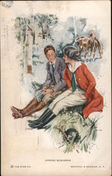 "Spring Business" - Man and woman in riding clothes sit on a log; their horses eat nearby Artist Signed Harrison Fisher Postcard Postcard