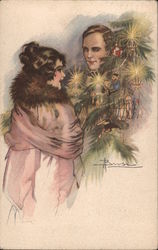 Couple with Christmas Tree Artist Signed Adolfo Busi Postcard Postcard Postcard