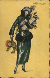 Woman with arms full of packages a doll, and holly brances Postcard