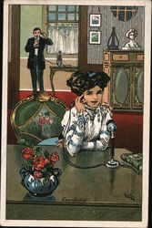 Woman at Desk and Man by Side Table, talking on telephones Postcard