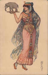 Woman in Egyptian-looking costume, carrying a small elephant statue Artist Signed E. Colombo Postcard Postcard Postcard