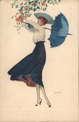 Woman with blue parasol picking an orange from a tree Postcard