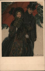 Man and Woman under a red umbrella in the snow Postcard