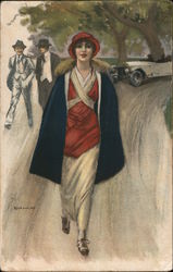 A Woman Walking Down the Street with Two Men Behind Her Postcard