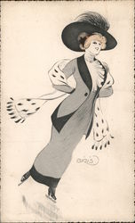 Lady in gray dress and large black hat, ice-skating Postcard