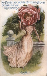 No flower in Cupid's garden grows so fair as you my pretty rose. / Woman with rose around her face Postcard