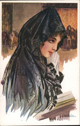 A Woman in a Black Hooded Robe Artist Signed Chantecler Postcard Postcard Postcard