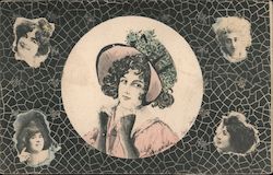 Woman with fancy hat, other faces in mosaic pattern in border Postcard