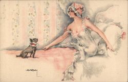 Lady in nightclothes, looking at small dog, who is on her bed Postcard