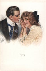 "Teasing" - Man looking at woman; woman smiling and looking away Postcard