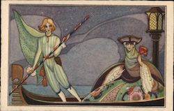 Art Deco: Italian People in Gondola Postcard