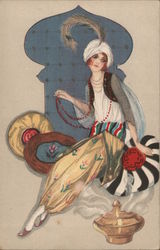 Genie near lamp, sitting on cushions Postcard