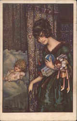 Small child in bed, sleeping; woman, behind curtain, holds child's toys Postcard