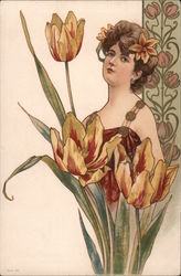 Woman with flowers in her hair, among giant flowers that look similar Postcard