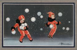 Two children, dressed in red and black, throwing snowballs Postcard