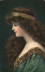 Dark-Haired woman with green dress and gold crown Postcard