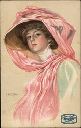 Friedman-Shelby Shoes Woman with white dress, hat and pink scarf. Postcard