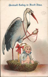 Arrived Saley in Good Time. Cartoon: Stork with baby. Postcard