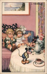 Surprised children staring at Mickey Mouse on their tea table Postcard