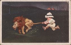 Boy in Safari Outfit Grabbing Lion by the Tail Artist Signed E. Colombo Postcard Postcard Postcard
