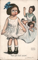 "Not Yet, but Soon" - Child standing, looking worried; other child getting spanked Postcard