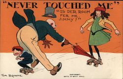 "Never Touched Me" kid on skates goes under man Postcard