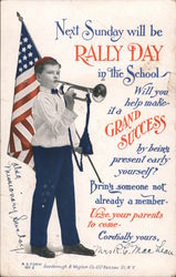 Rally Day - Boy Playing Horn and Carrying American Flag Postcard Postcard Postcard