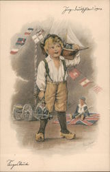Boy with Toy Ship and sailor and military toys Children Postcard Postcard Postcard