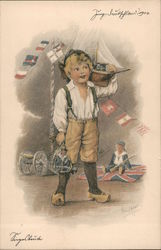 Boy with Toy Ship and sailor and military toys Postcard