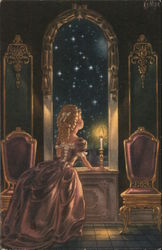 Swedish Girl with Curls and Fancy Pink Dress Looks Out Window at Night Sky Postcard