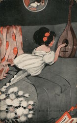 The Old Guitar - Girl in White Dress Laying on Couch Touching Old Guitar Postcard