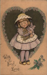 "With Fond Love" (Girl and her toy, surrounded by a heart-shaped wreath of flowers) Postcard