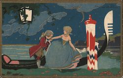 Man in powdered wig kisses lady's hand, by a small boat on the shore Postcard