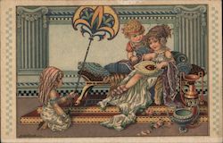 Children in fancy clothes on a couch, one child kneeling and fanning them Postcard