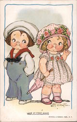 "Love at First Sight" - Girl and boy looking shyly at one another Postcard