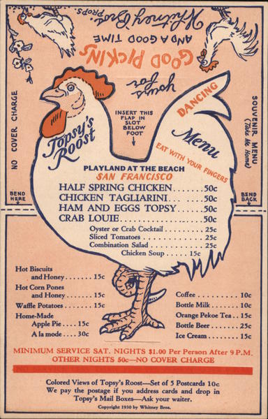 Topsy's Roost Playland at the Beach Novelty Menu San Francisco California
