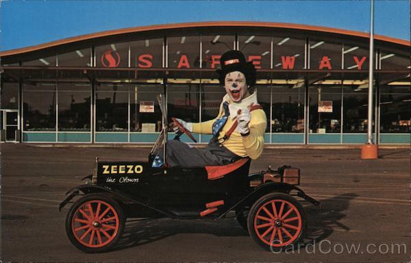 Zeezo the Clown in front of Safeway Grocery Store - Zeezo says, Always remember the two magic words - Please! Thank You!